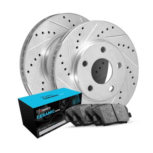 R1 eLINE Silver Series Drilled and Slotted Brake Rotors; R1 CERAMIC Series Brake Pads
