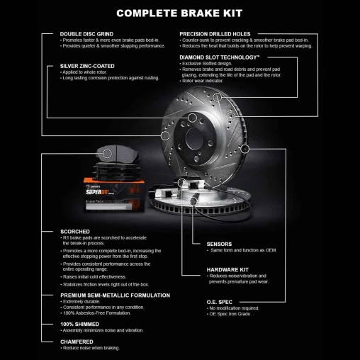 Silver Drilled & Slotted Rotors with SUPER Heavy Duty Pads, Hardware and Sensor