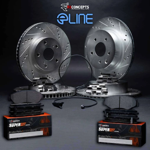 Silver Drilled & Slotted Rotors with SUPER Heavy Duty Pads, Hardware and Sensor