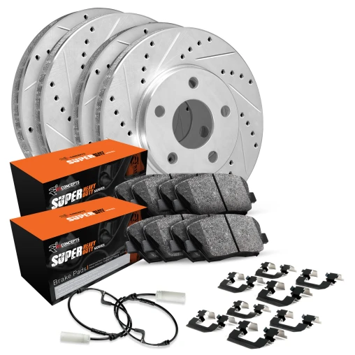 R1 eLINE Silver Series Drilled and Slotted Brake Rotors; R1 SUPER Heavy Duty Series Brake Pads; Hardware & Sensor