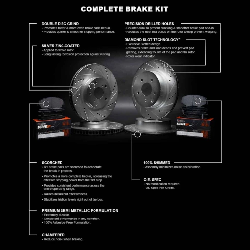 Silver Drilled & Slotted Rotors with SUPER Heavy Duty Pads