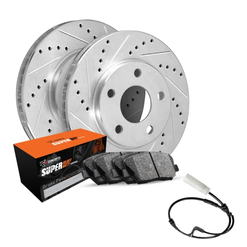 R1 eLINE Silver Series Drilled and Slotted Brake Rotors; R1 SUPER Heavy Duty Series Brake Pads; Sensor