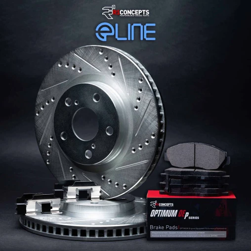 R1 eLINE Silver Series Drilled and Slotted Brake Rotors; R1 OPTIMUM OEp Series Brake Pads; Hardware