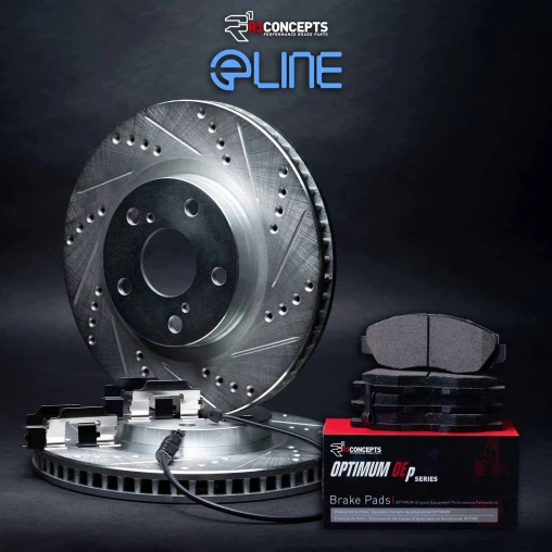 Silver Drilled & Slotted Rotors with OPTIMUM OEp Pads, Hardware and Sensor