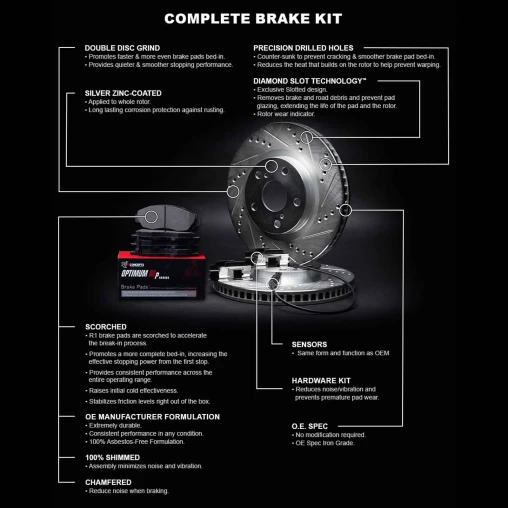 Silver Drilled & Slotted Rotors with OPTIMUM OEp Pads, Hardware and Sensor