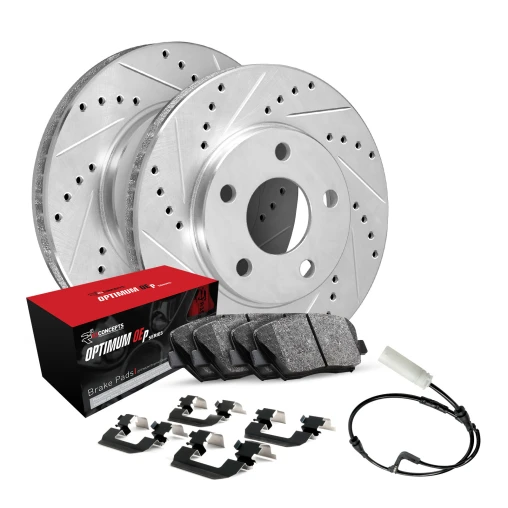 R1 eLINE Silver Series Drilled and Slotted Brake Rotors; R1 OPTIMUM OEp Series Brake Pads; Hardware & Sensor