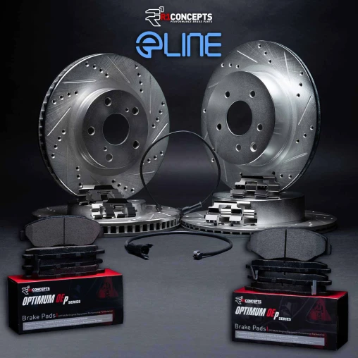 Silver Drilled & Slotted Rotors with OPTIMUM OEp Pads, Hardware and Sensor