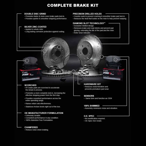 Silver Drilled & Slotted Rotors with OPTIMUM OEp Pads, Hardware and Sensor