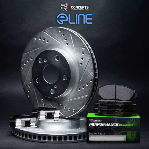 R1 eLINE Silver Series Drilled and Slotted Brake Rotors; R1 PERFORMANCE Sport Series Brake Pads; Hardware