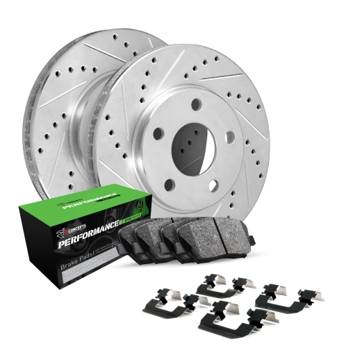 R1 eLINE Silver Series Drilled and Slotted Brake Rotors; R1 PERFORMANCE Sport Series Brake Pads; Hardware