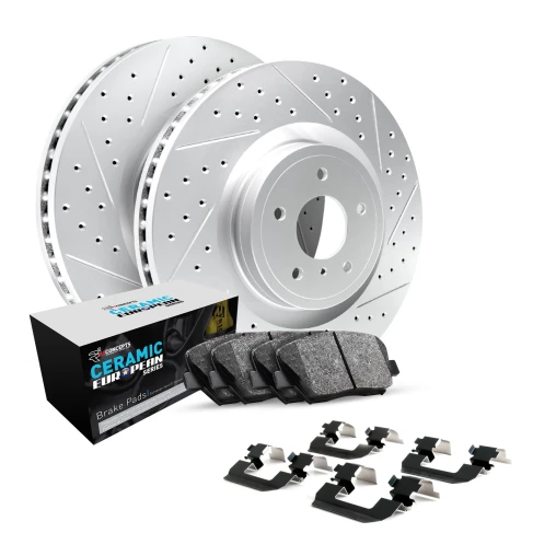 R1 GEO-Carbon Series Drilled and Slotted Brake Rotors; R1 CERAMIC European Series Brake Pads; Hardware