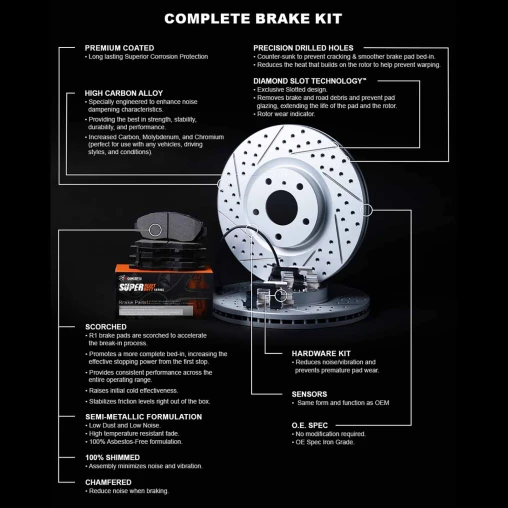 Drilled & Slotted Rotors with SUPER Heavy Duty Pads, Hardware and Sensor