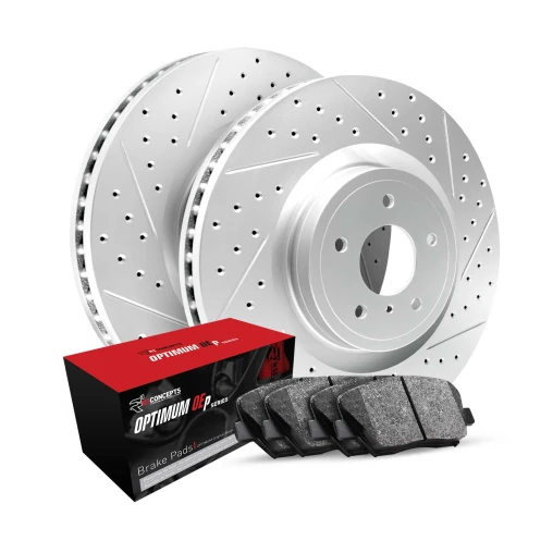 R1 GEO-Carbon Series Drilled and Slotted Brake Rotors; R1 OPTIMUM OEp Series Brake Pads