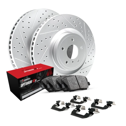 R1 GEO-Carbon Series Drilled and Slotted Brake Rotors; R1 OPTIMUM OEp Series Brake Pads; Hardware