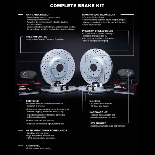 Drilled & Slotted Rotors with OPTIMUM OEp Pads and Hardware