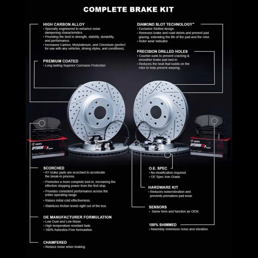 Drilled & Slotted Rotors with OPTIMUM OEp Pads, Hardware and Sensor