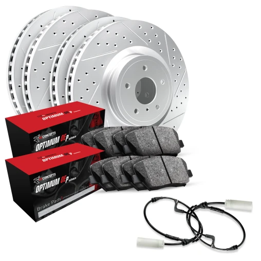 R1 GEO-Carbon Series Drilled and Slotted Brake Rotors; R1 OPTIMUM OEp Series Brake Pads; Sensor