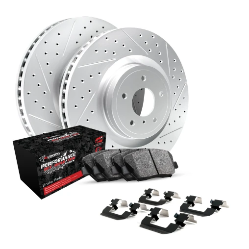 R1 GEO-Carbon Series Drilled and Slotted Brake Rotors; R1 PERFORMANCE Off-Road/Tow Series Brake Pads; Hardware