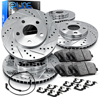 R1 Concepts CEDS10472 Eline Series Cross-Drilled Slotted Rotors And Ceramic Pads Kit Front and Rear 